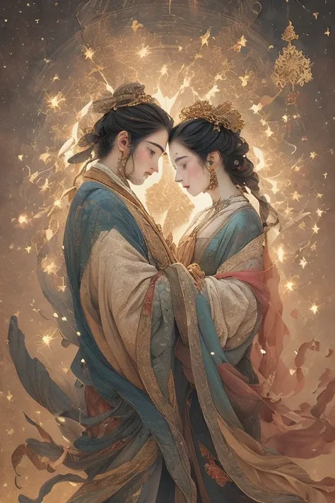 (((masterpiece))), (((Twin soulls))), male and female, matching souls, matching hearts, twin hearts, lovers in cosmic bliss, searching for each other in heaven, twin, angels, 32k, high detail, high resolution, stunningly beautiful, highly detailed, absurde...