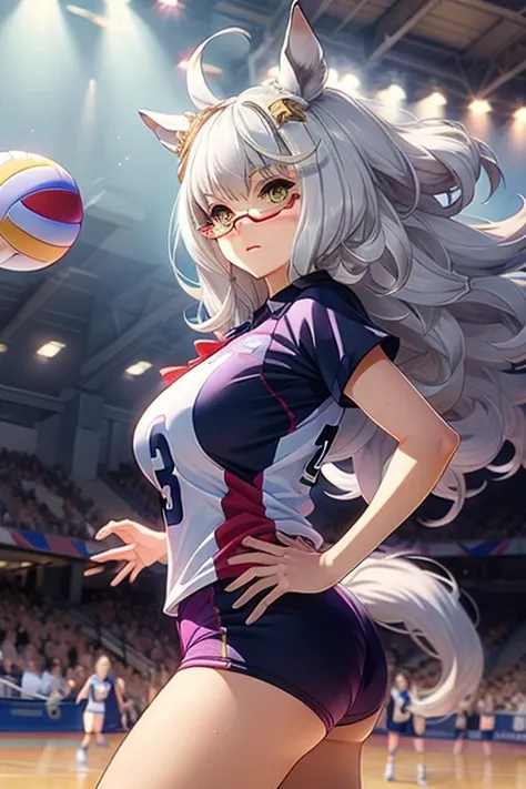 biwa hayahide \(umamusume\), under rim glasses, volleyball, multiple girls, sportswear, big tits, stadium