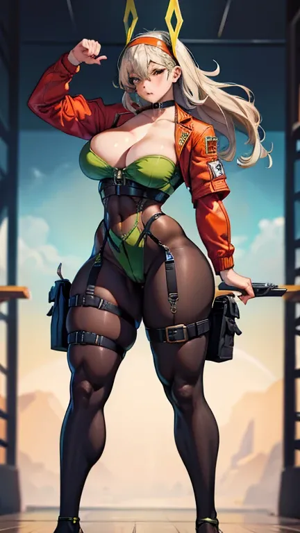 1 woman,muscular arms, Ultra HD, retina, obra de arte, Anatomicamente Correto, pele texturizada, detalhes altos, premiado, Melhor qualidade, 8k, alto,(jacket, holster, gun holster, bondage gear, choker, headband, pantyhose, harness ), shaved pussy, large p...