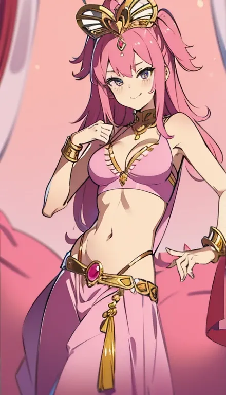 A smug narcissistic pink haired goddess wearing a pink bra and golden pants and lots of jewelry flaunting herself