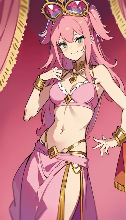 A smug narcissistic pink haired goddess wearing a pink bra and golden pants and lots of jewelry flaunting herself