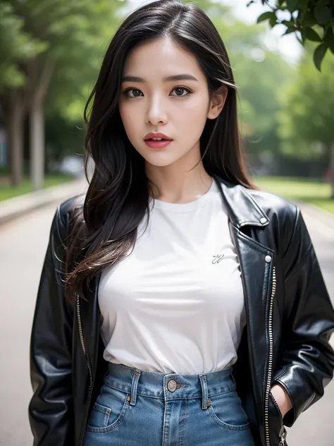 a park、 a picture、realisitic、Beautuful Women、Leather jacket、tshirts、Denim tight skirt、A detailed face、Detailed lips、A detailed eye、luslous skin、One Person