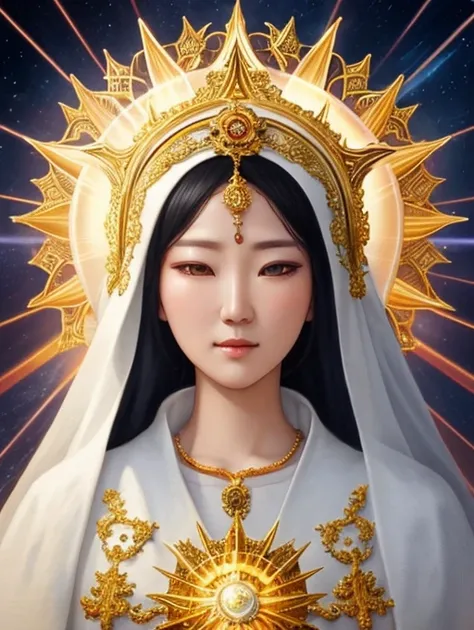 highly detailed portrait of a mother mary as korean kpop singer sun goddess halo of light, gold, unreal engine, art by mark ryden, lostfish, earl norem, global illumination, god rays, detailed and intricate environment, elden ring style