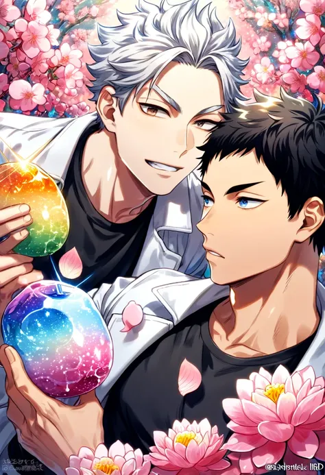 absurdres, highres, ultra detailed, HDR, master piece, best quality, Akaashi Keiji, black hair, expressive blue eyes, Haikyuu, Bokuto Kotaro, white hair, expressive brown eyes, two sexy men together, gay couple, yaoi, handsome, white coat, black T-shirt sh...