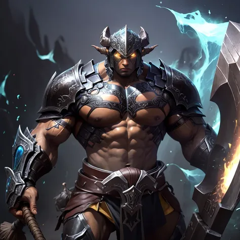 a dark skin male warrior wearing heavy dragon armor, chest, holding a great axe