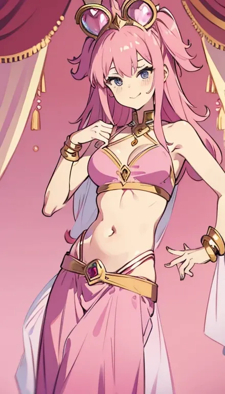 A smug narcissistic pink haired goddess wearing a pink bra and golden pants and lots of jewelry flaunting herself