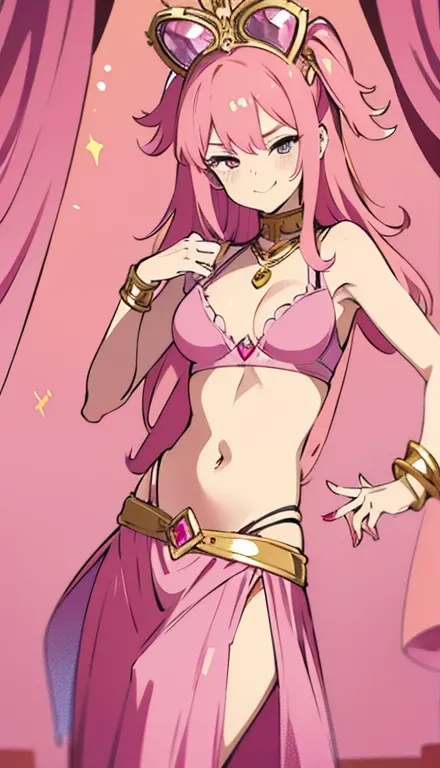 A smug narcissistic pink haired goddess wearing a pink bra and golden pants and lots of jewelry flaunting herself