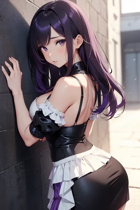 (Girl),(anime),(young),(woman with mature and hot body),(super plump breasts and big ass),+,(Skin color with super black ton),+,(African),(brown eyes),(height 1.76 ),(Long purple hair),(and pretty face),(hot body),(In a position with your butt facing forwa...