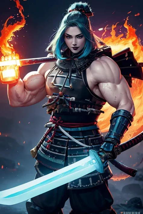 ((((Massive, tall, beautiful, buff, muscular pale white skinned female samurai with cyan hair, black lipstick, ginormous bulky muscles, holding a cyan fire sword and wearing an all cyan samurai armor with pants)))), {close view}, black eyeliner, massive mu...