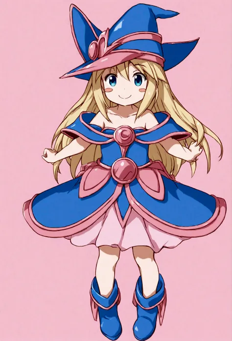 dark magician girl,1girl, cute, blonde hair,  big eyes,long hair, blush, blush stickers, sweet smile, dress, bare shoulders, blue footwear, blush, blush stickers, cleavage, collarbone, duel monster, hat, off shoulder, pentacle, wizard hat,flowers, fresh ba...