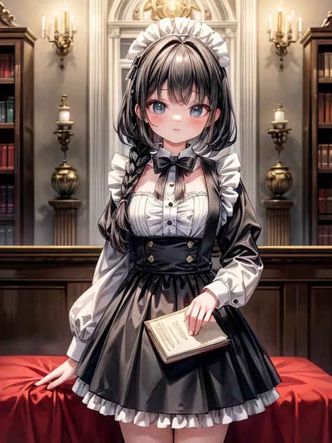 masterpiece, highest quality, Very detailed, 16k, Ultra-high resolution, Cowboy Shot, Detailed face, Perfect Fingers, 17-year-old female, black eye, Black Hair, Braid, Black maid outfit, Luxurious Western-style building, archive, Book Arrangement