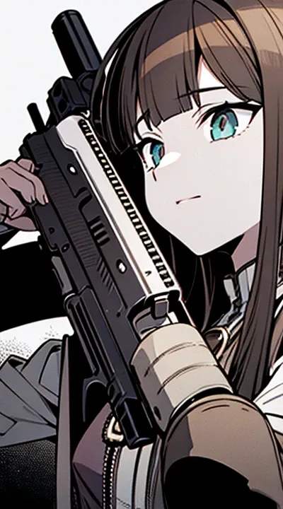 solo, 1girl, holding, weapon, girl focus, holding weapon, gun, holding gun, rifle, (assault rifle), (aiming),dynamic angle