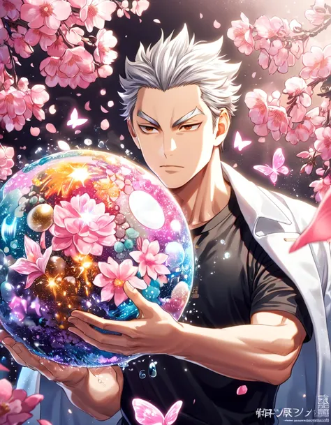 absurdres, highres, ultra detailed, HDR, master piece, best quality, Bokuto Kotaro, white hair with black streaks, expressive brown eyes, Haikyuu, man, solo, handsome, white coat, black T-shirt shirt, magical, fantasy, shining, water, pink flowers, pink bl...