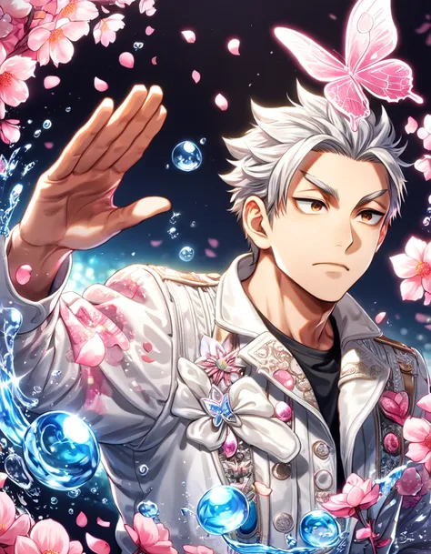 absurdres, highres, ultra detailed, HDR, master piece, best quality, Bokuto Kotaro, white hair with black streaks, expressive brown eyes, Haikyuu, man, solo, handsome, white coat, black T-shirt shirt, magical, fantasy, shining, water, pink flowers, pink bl...