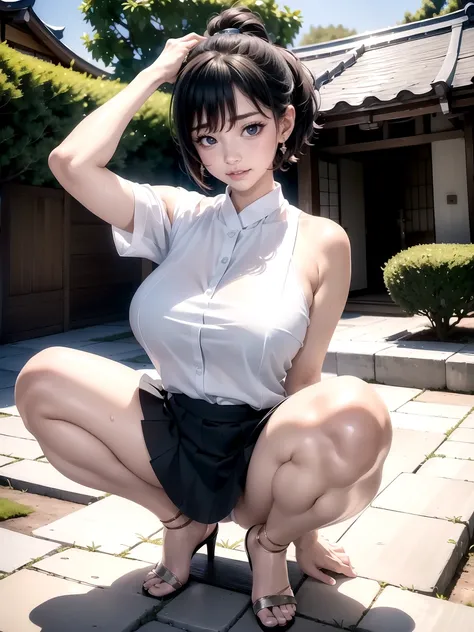 Japanese Idols　Sexy Woman　(short hair)　(Pixie Cut)　(Accurate limb expression)　attractive appearance　Short black hair with bangs　　Big eyes　Side view　(Front view)　Big Breasts　Tight fitting light grey shirt　Wearing a black flared skirt　On the roof of a buildi...