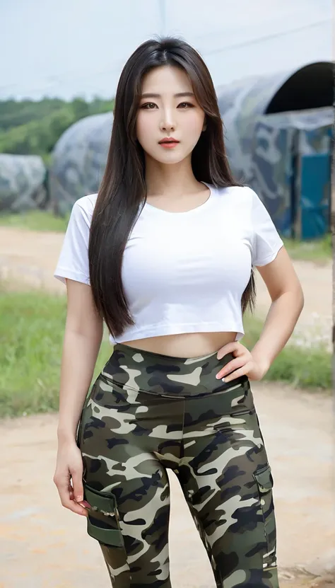 close-up of beautiful South Korean female, black hair, very long hair, straight hair, 38 inches breasts size, wearing tight camouflage short-sleeved t-shirt, tight camouflage legging pants, at the military training camp place, UHD