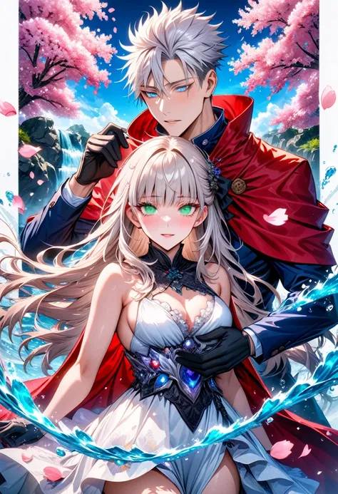 Ultra detailed, highres, absurdres, HDR, master piece, Gojo Satoru, white hair with bangs, hair between the eyes, white eyelashes, expressive blue eyes, Aida, ash blond hair with bangs, green eyes, white fantasy dress with black patterns, red cape, Jujutsu...