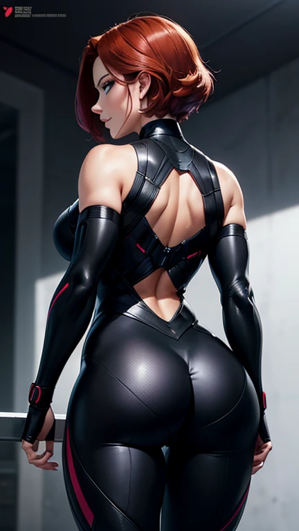 Leaning on One Leg: With her weight shifted to one leg, Black Widow looks back over her shoulder with a seductive smile(Back View focus on her ass). The tight suit outlines her strong, athletic form. Her short hair is sleek and styled, complementing her pl...