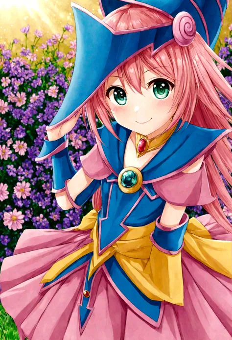 dark magician girl,yu-gi-oh!,1girl, cute, pink hair, big eyes, sweet smile, dress, flowers, fresh background