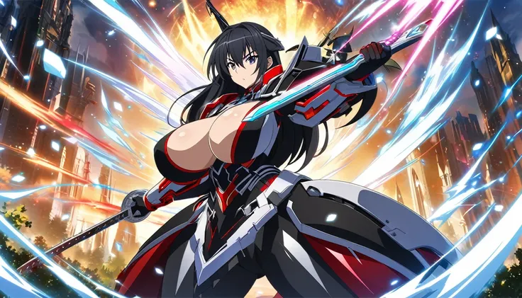 ((anime infinite stratos art, masterpiece, 4k, extreme quality)). 
the theme is gothic. the setting is a magical forest, very detailed, full of different animals, its afternoon. Snow White wearing a IS armor(short-ranged IS, blue and red, byakushiki-like, ...