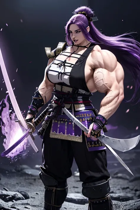 ((((Massive, tall, beautiful, buff, muscular pale white skinned female samurai with violet purple hair, black lipstick, ginormous bulky muscles, holding a violet fire sword and wearing an all violet purple samurai armor with pants)))), {close view}, black ...