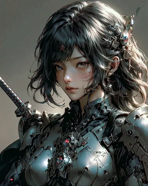 a woman dressed in armor holding a sword, by Akihiko Yoshida, fantasy art, granblue fantasy, detailed steampunk illustration, aerial viewyoji shinkawa, frank frazetta manga style