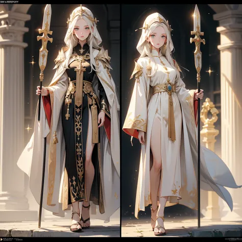 (((masterpiece, best quality, high detailed, 8k))) Design a layout showcase Gaming character, (1girl). White|Gold robes, divine and serene. ((showcase weapon:1.4)), sacred staff. (masterpiece:1.2), (best quality), 4k, ultra-detailed. (Step by step design, ...