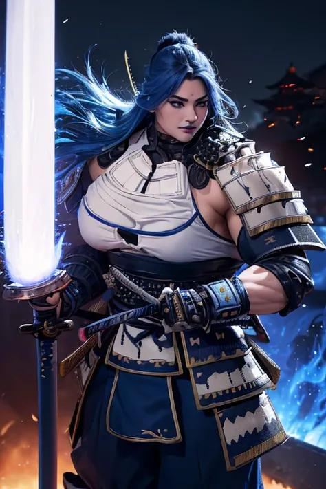 ((((Massive, tall, beautiful, buff, muscular pale white skinned female samurai with royal blue hair, black lipstick, ginormous bulky muscles, holding a royal blue fire sword and wearing an all royal blue samurai armor with pants)))), {close view}, black ey...