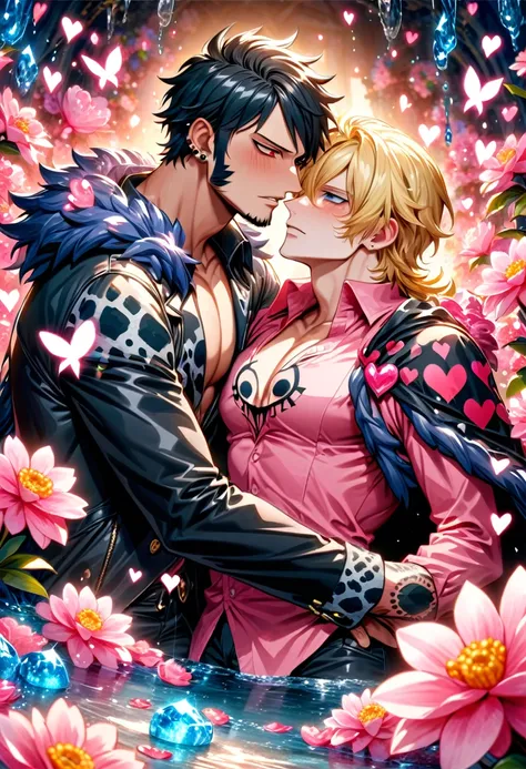 absurdres, highres, ultra detailed, HDR, master piece, best quality, Donquixote Rosinante Corazon, expressive red eyes, blonde hair, One Piece, Trafalgar Law, black hair, expressive gray eyes, two sexy men together, gay couple, yaoi, handsome, black fur ca...