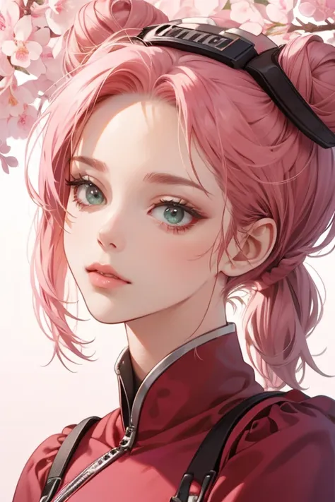 young woman, bubblegum pink hair tied in a bun, wide forehead, porcelain skin, pink eyebrows, emerald green eyes, upturned nose, thick pink lips, heart-shaped face, dark red clothes, Sakura Haruno, realism, well detailed, 3d
