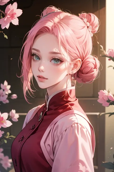 young woman, bubblegum pink hair tied in a bun, wide forehead, porcelain skin, pink eyebrows, emerald green eyes, upturned nose, thick pink lips, heart-shaped face, dark red clothes, Sakura Haruno, realism, well detailed, 3d
