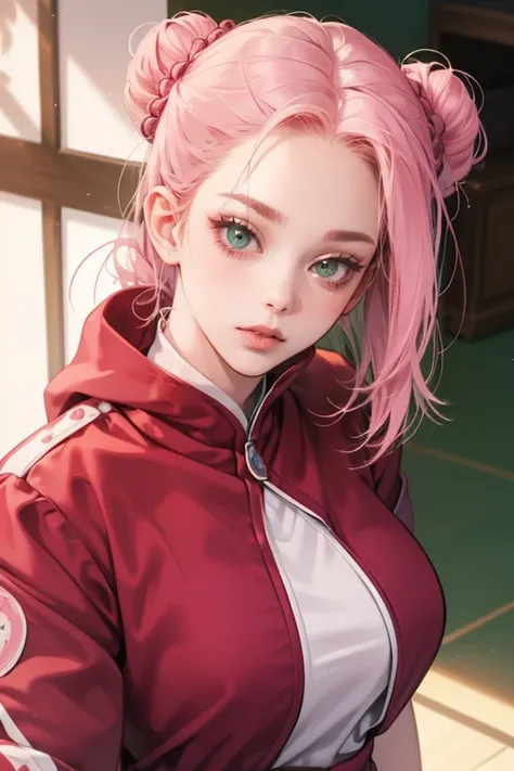 young woman, bubblegum pink hair tied in a bun, wide forehead, porcelain skin, pink eyebrows, emerald green eyes, upturned nose, thick pink lips, heart-shaped face, dark red clothes, Sakura Haruno, realism, well detailed, 3d
