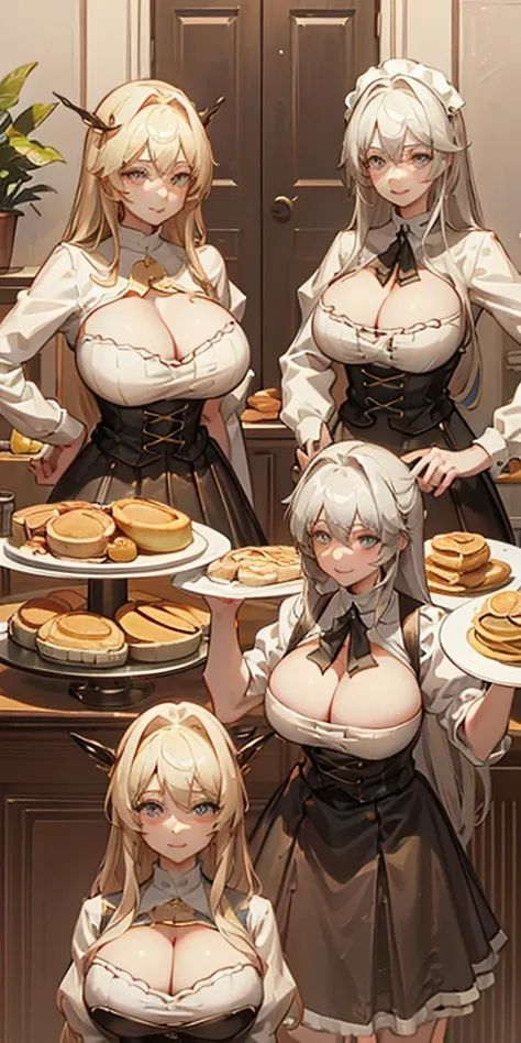 pancakes in the Asteria VK skillet,a blond,Twin-tailed,1soloMILFWoman in her 30s hands on hips, cleavage, maid APRON with shape LOVE symbol,Smile,kitchen, the upper part of the body