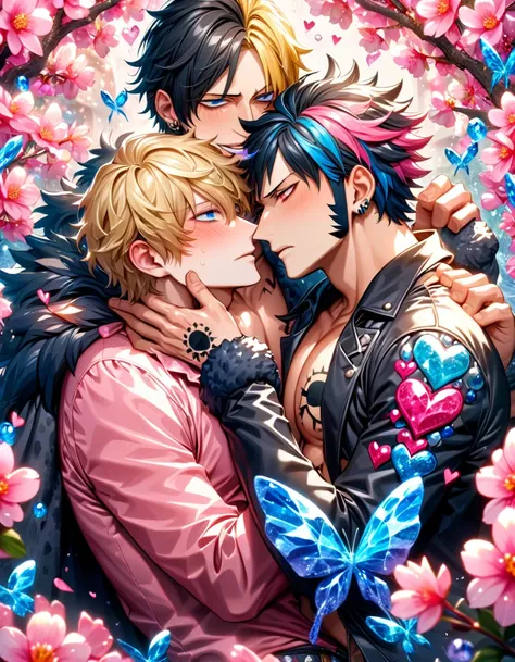 absurdres, highres, ultra detailed, HDR, master piece, best quality, Donquixote Rosinante Corazon, expressive red eyes, blonde hair, One Piece, Trafalgar Law, black hair, expressive blue eyes, two sexy men together, gay couple, yaoi, handsome, black fur ca...