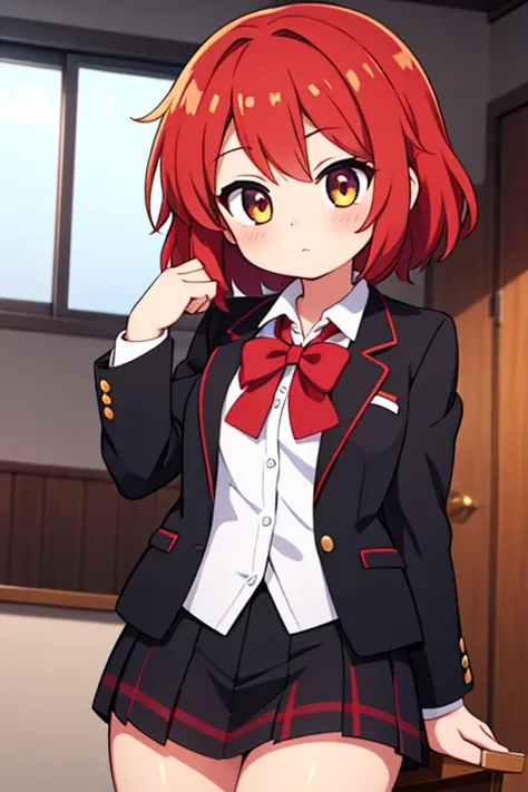 Girl, fair skin, gold eyes, short red fluffy hair, black blazer, HD, cute, anime, {schoolgirl}