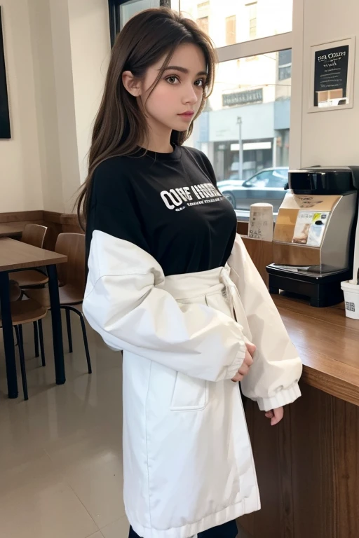 1 chica, ojos brillantes, Rubor, perfect lighting, Brown hair, ojos color nuez, motor irreal, side lighting, cara detallada, linda, Piel brillante, background of standing outside a coffee shop, fondo cafeteria ,una falda plisada color blanco, un top color ...