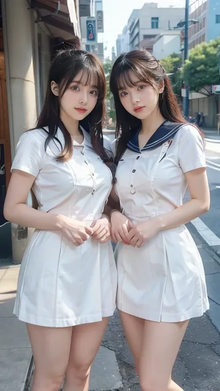 two asian women in uniform standing on a city street, two japanese female students posing, japanese , wearing japanese , seifuku...