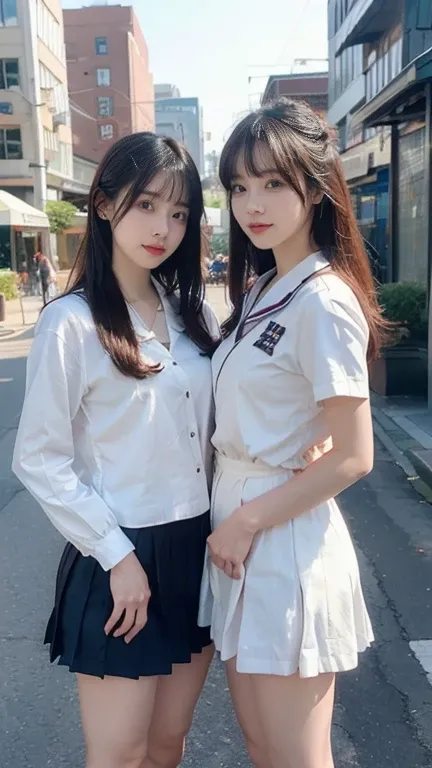 two asian women in uniform standing on a city street, two japanese female students posing, japanese , wearing japanese , seifuku...