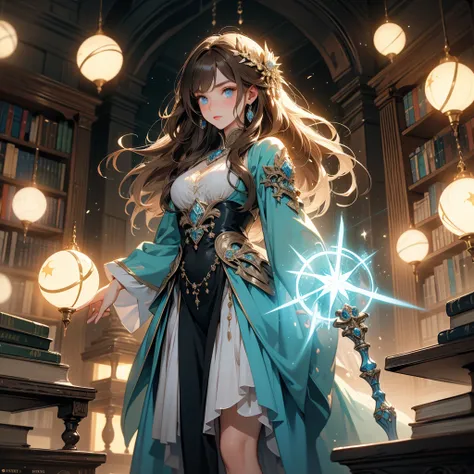 A stunning artwork of a mystical female mage standing in an arcane library. The full-body view showcases her in ornate blue and white robes, exuding an aura of wisdom and magical prowess. Her long, flowing brown hair frames a face of serene beauty, highlig...