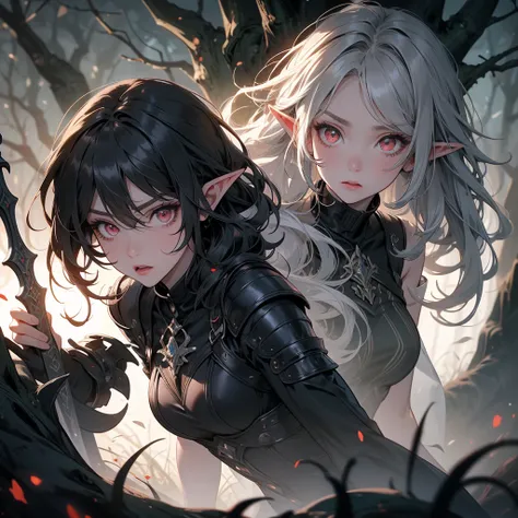 A stunning artwork of a fierce demonic elf standing in a cursed forest. The full-body view showcases her in dark armor, exuding an aura of malevolent grace and unyielding power. Her long, flowing dark gray hair frames a face of eerie beauty, highlighted by...