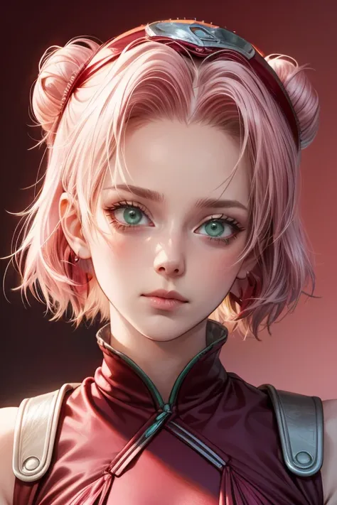 young woman, bubblegum pink hair tied in a bun, wide forehead, porcelain skin, pink eyebrows, emerald green eyes, upturned nose, thick pink lips, heart-shaped face, dark red clothes, Sakura Haruno, realism, well detailed, 3d
