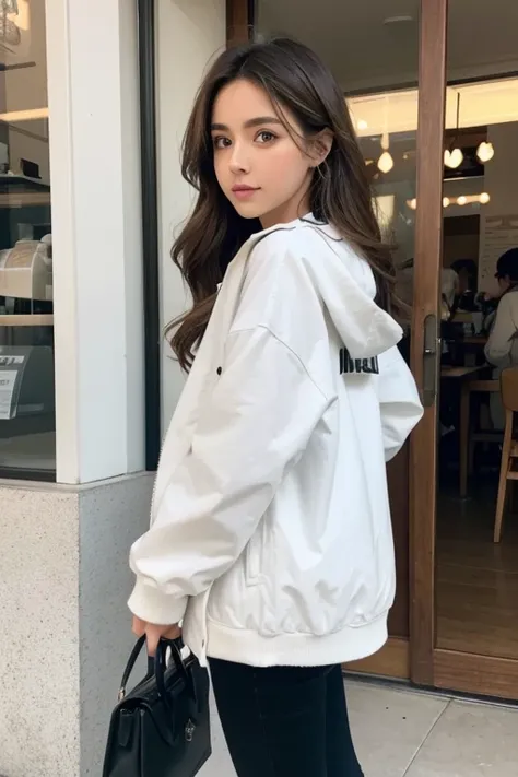 1 chica, ojos brillantes, Rubor, perfect lighting, Brown hair, ojos color nuez, motor irreal, side lighting, cara detallada, linda, Piel brillante, background of standing outside a coffee shop, fondo cafeteria ,una falda plisada color blanco, un top color ...