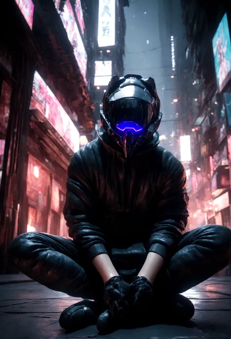 (masterpiece, full body shot, intricate raw photography) Cyberpunk citizen, comfortable oversize black hoodie, black cargo pants, black clothes, dark, wearing a black helmet hitech style Astronaut, intricate, futuristic, advanced technology, dark environme...