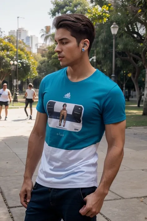 ahora haz a un hombre con playera y un short en el parque poniendose sus audifonos airpods 