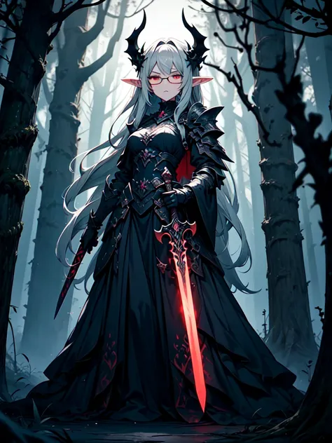 A stunning artwork of a fierce demonic elf standing in a cursed forest. The full-body view showcases her in dark armor, exuding an aura of malevolent grace and unyielding power. Her long, flowing dark gray hair frames a face of eerie beauty, highlighted by...