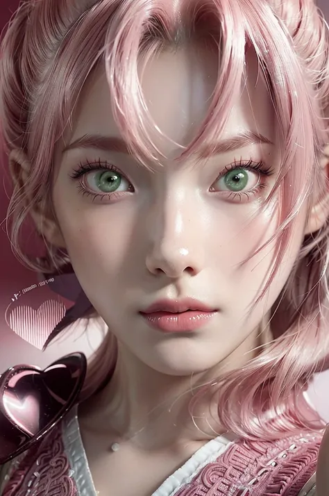 young woman, bubblegum pink hair tied in a bun, wide forehead, porcelain skin, pink eyebrows, emerald green eyes, upturned nose, thick pink lips, heart-shaped face, dark red clothes, Sakura Haruno, realism, well detailed, 3d
