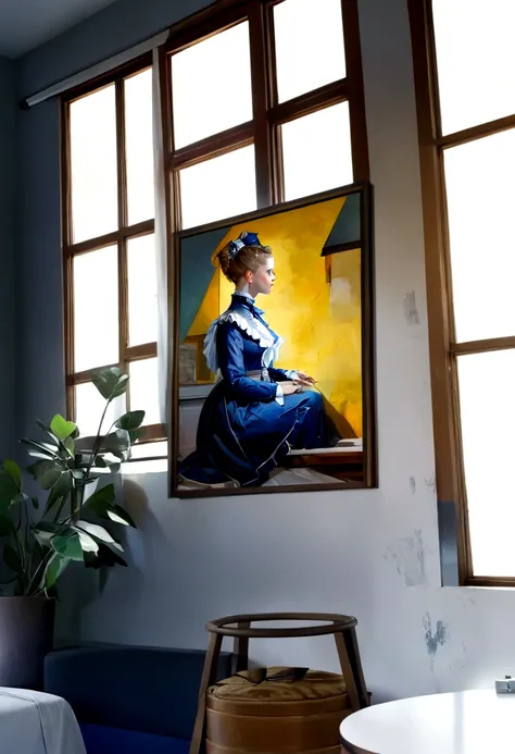 painting of a woman sitting on a window sill looking out the window, inspired by Henry Ossawa Tanner, inspired by George Hendrik Breitner, inspired by Walter Sickert, hard light digital painting, near a window, in digital painting style, standing near a wi...