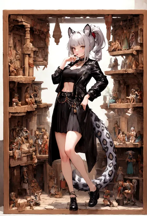 High definition, high quality, woman, young adult, beautiful, anthropomorphic, jaguar girl, jaguar ears, jaguar tail jaguar ears, small figure, full body image, Aztec clothing, black leather jacket, collar tall white under jacket, silver hair color, hair t...