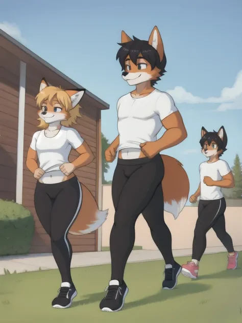 Furry, fox, male, twins, black leggings, white shirt, jogging outside the house, teen