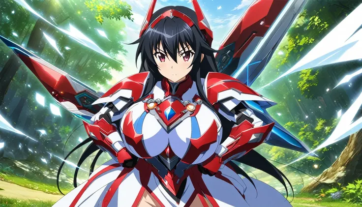 ((anime infinite stratos art, masterpiece, 4k, extreme quality)). 
the theme is Disneys Snow White. 
the setting is a magical forest, very detailed, full of different animals, its afternoon. 
Snow White, 16 years old, wearing a IS armor(amazing short-range...